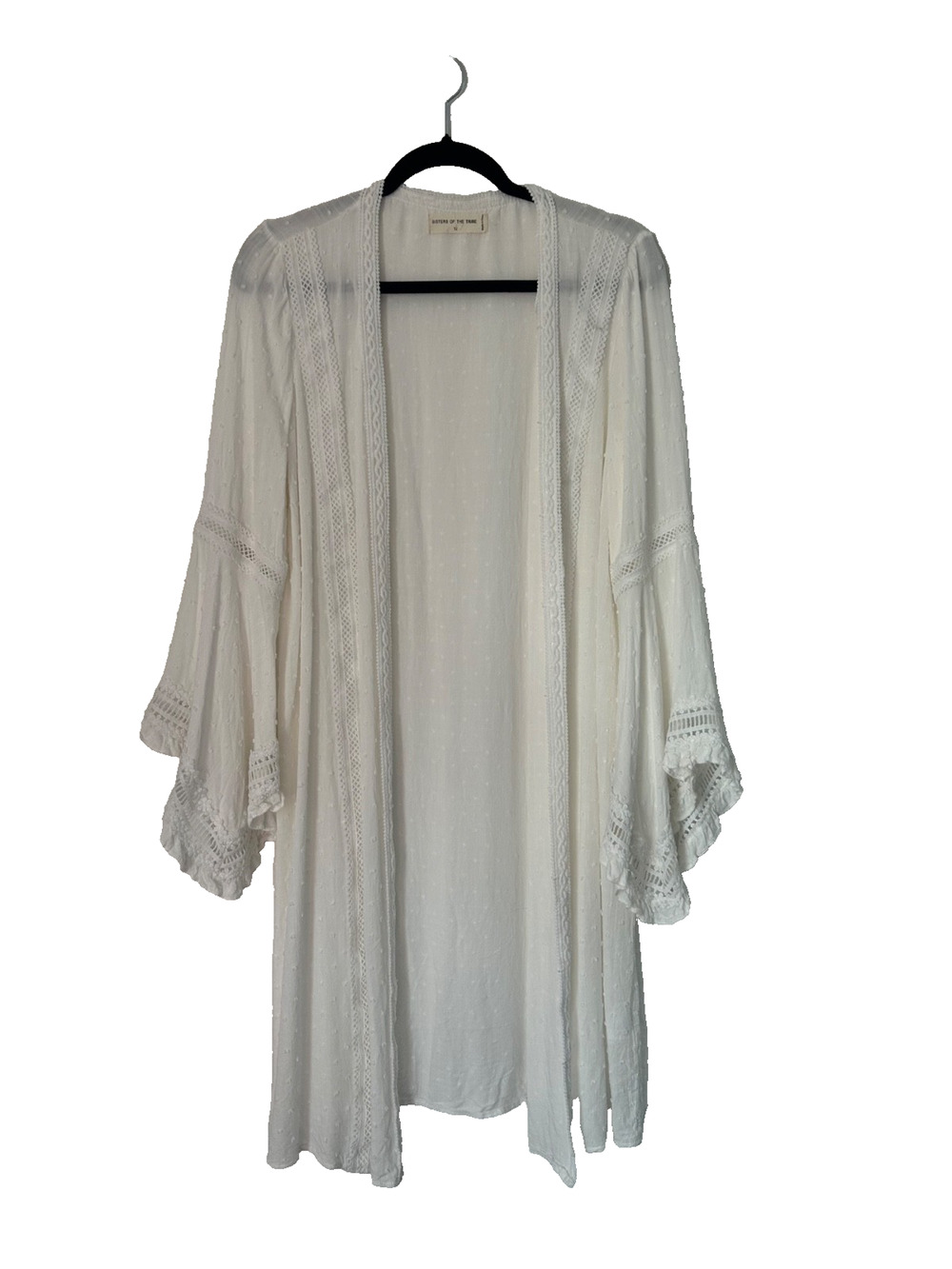 Bohemian White Lace Trim Maxi Cardigan Duster SZ 12 Crochet Bell Sleeve Festival